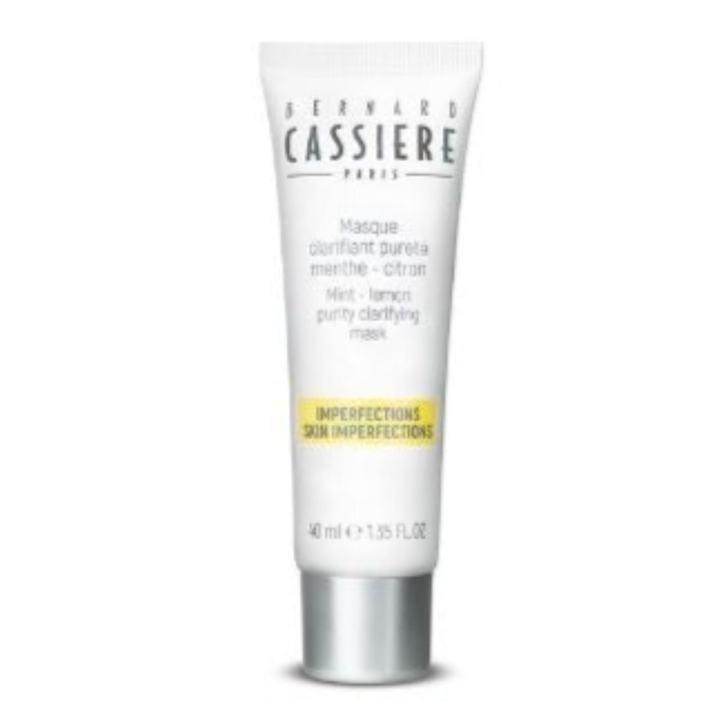 BERNARD CASSIERE Purity Clarifying Mask Chilean wild mint / lemon essential oil and java tea extract = Antibacterial White clay for Absorbing power Recommended for Combination to Oily/or Skin with Imperfections For best results: apply, once to twice a week, on clean skin (avoid eye contour) 40 mL