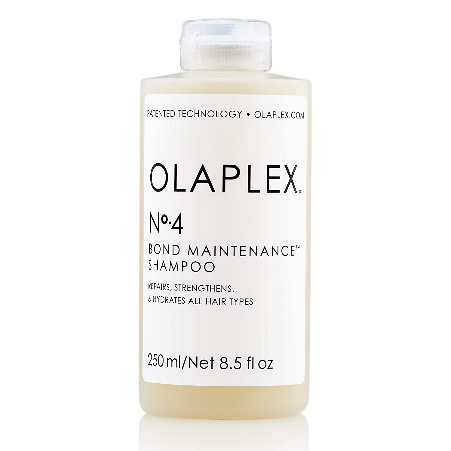 OLAPLEX 4 - BOND MAINTENANCE SHAMPOO 250ML Protects and repairs damaged hair, split ends and frizz by re-linking broken bonds. A highly-moisturizing, reparative shampoo that leaves hair easy to manage, shiny and healthier with each use.