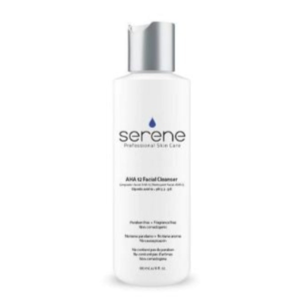 SERENE AHA 12 FACIAL CLEANSER (pH 3.3-3.6): Extra strength gel cleanser with 12% glycolic acid is best used under the guidance of a skin care professional. Limited use of 2-3 times per week or once daily. For deep cleansing of pores and removing surface dirt, oils and contaminants. 180 ml