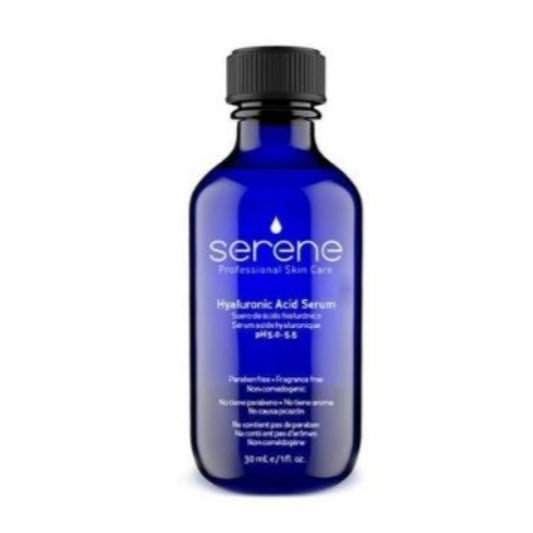 SERENE HYALURONIC SERUM 100% (pH 5.0 – 5.5): increases hydration, plumps collagen production and aids in cell healing and recovery associated with professional skin care procedures such as chemical peels. 30 ml