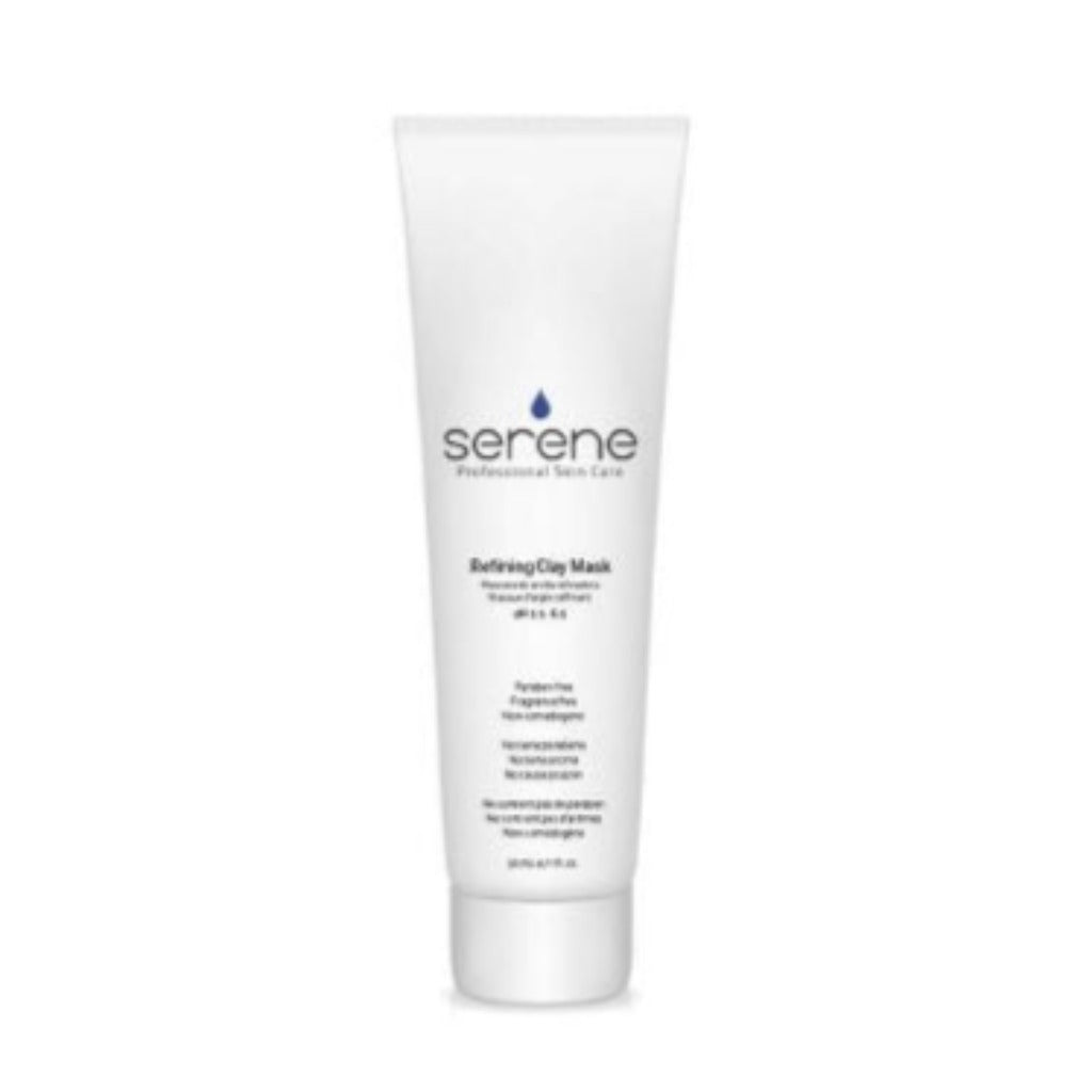 SERENE REFINING CLAY MASK (pH 5.0 – 6.5): formulated with 13% bentonite and 9% French green moisturizing clay to help control blemishes, unclog pores and absorb and remove excess oil and toxins from the skin. (Pre extraction treatment) 60 ml