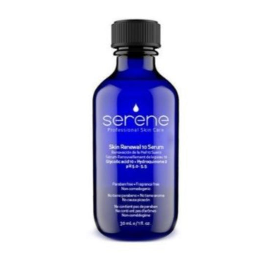 SERENE SKIN RENEWAL 10 SERUM (pH 4.5 – 5.0): formulated with 10% glycolic acid and 2% hydroquinone to deeply treat hyperpigmentation. 30 ml