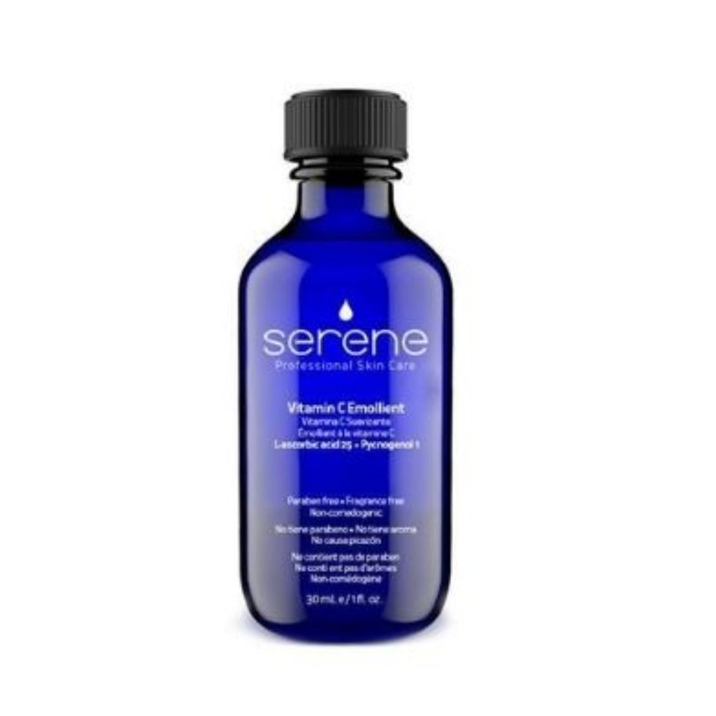 SERENE VITAMIN C EMOLLIENT 25% (pH 5.0 – 6.0): formulated with 25% L-ascorbic acid and 1% Pycnogenol to lighten skin and promote healing. 30 ml