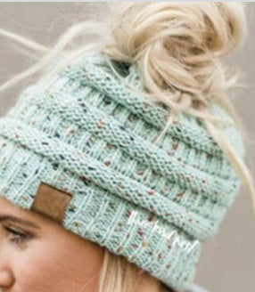 KNITTED BEANIE :  Knitted ponytail toque (assorted colors) speckled or solid colors winter hat request color: mustard yellow, grey, light grey, taupe, tan, pink, hot pink, teal, turquoise, red, off white, purple, grape, burgundy, brown, emerald green, coral...
